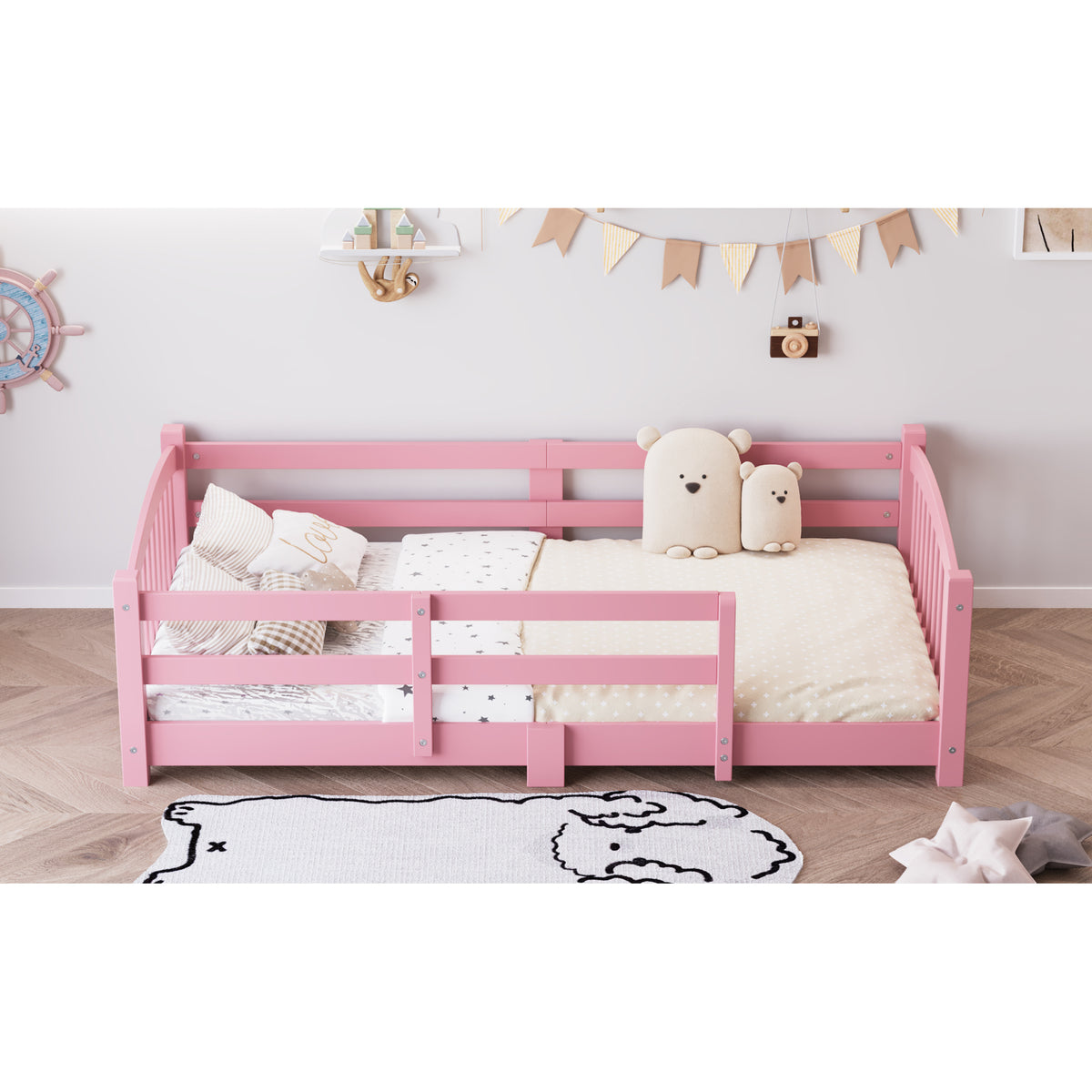variant-group:rf-n733p400298h|Roomfitters Twin Montessori Floor Bed with Guardrails, Solid Wood Low Platform Bed with Slats, Easy Assembly, Pink