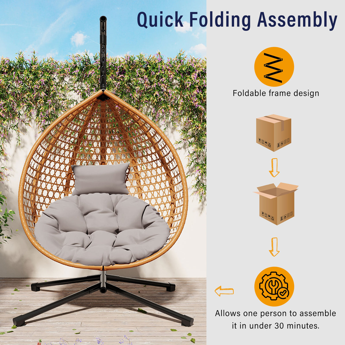 variant-group:rf-n711p255131s|Roomfitters Hanging Egg Chair with Stand, Rattan Wicker Swing Chair with Cushion for Indoor Outdoor Patio Balcony, Brown