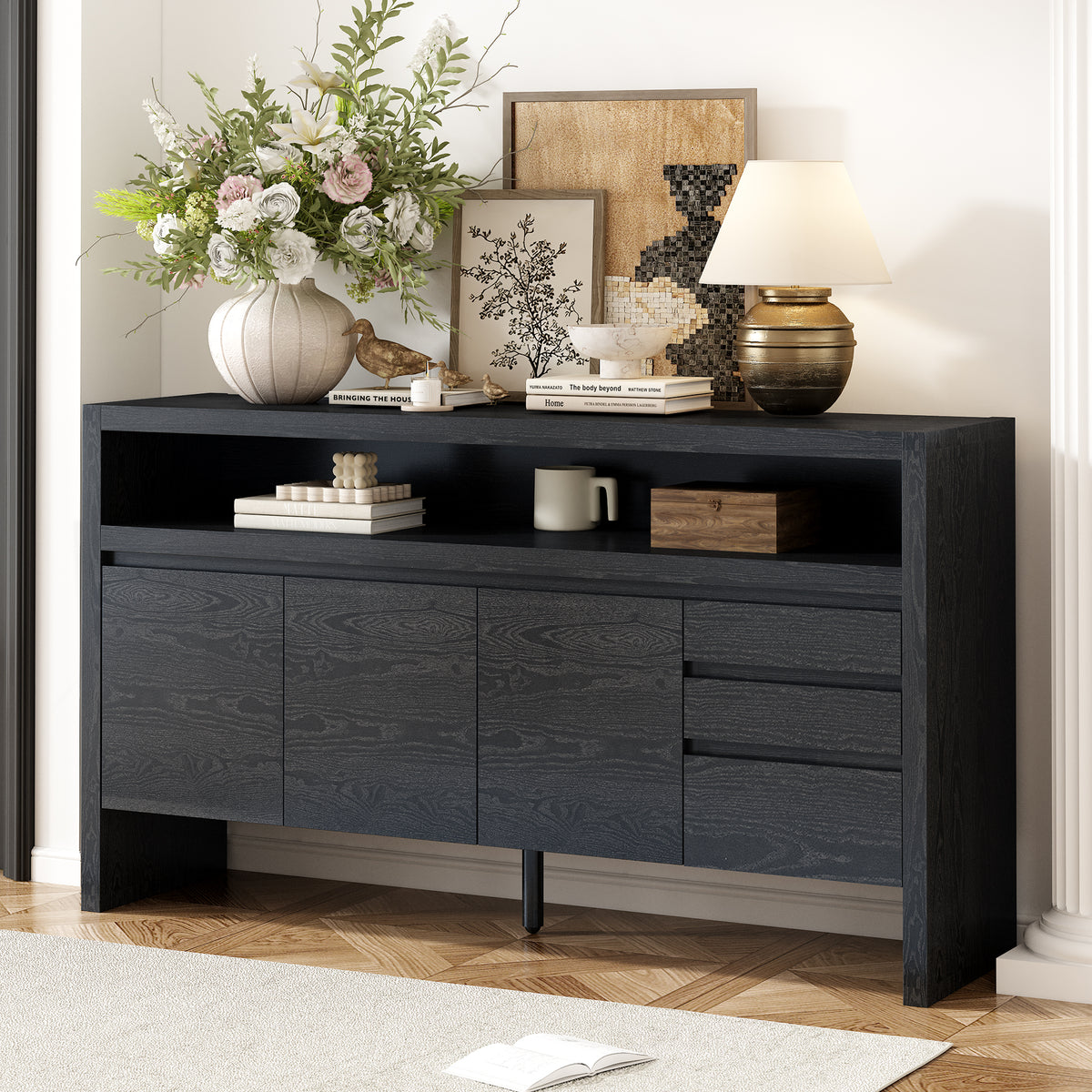 variant-group:rf-n711p289141b|Roomfitters 60" Modern Solid Wood Veneer Sideboard with 3 Doors & 3 Drawers, Open Shelf & Cable Cutout, Large Storage Cabinet for Dining, Hallway, Living Room, Black