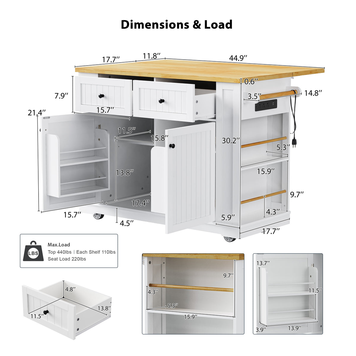 variant-group:rf-n707s257057w|Roomfitters 48" Kitchen Island with Power Outlet and Drop Leaf, Rolling Storage Cabinet with Wood Top and Spice Rack, White