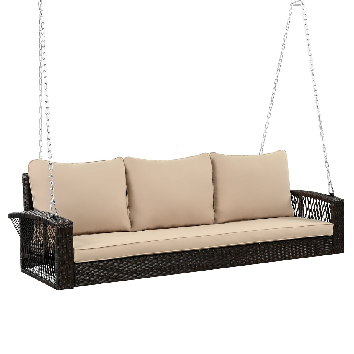 Roomfitters 69" PE Wicker 3-Person Porch Swing, Large Patio Swing Bench with Chains & Cushions, Backyard & Garden, Brown Roomfitters