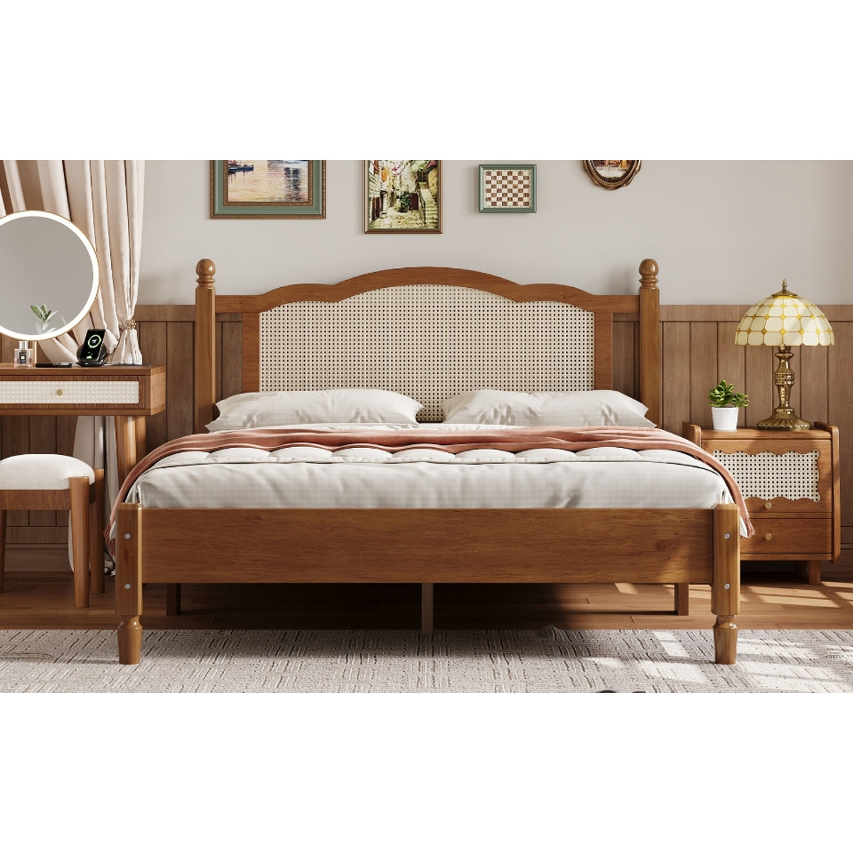 variant-group:rf-n733p180013d|Roomfitters Queen Size Wooden Platform Bed with Natural Rattan Headboard, Stylish Vintage Bed Frame with Durable Wooden Slat Support for a Sophisticated Look, Walnut