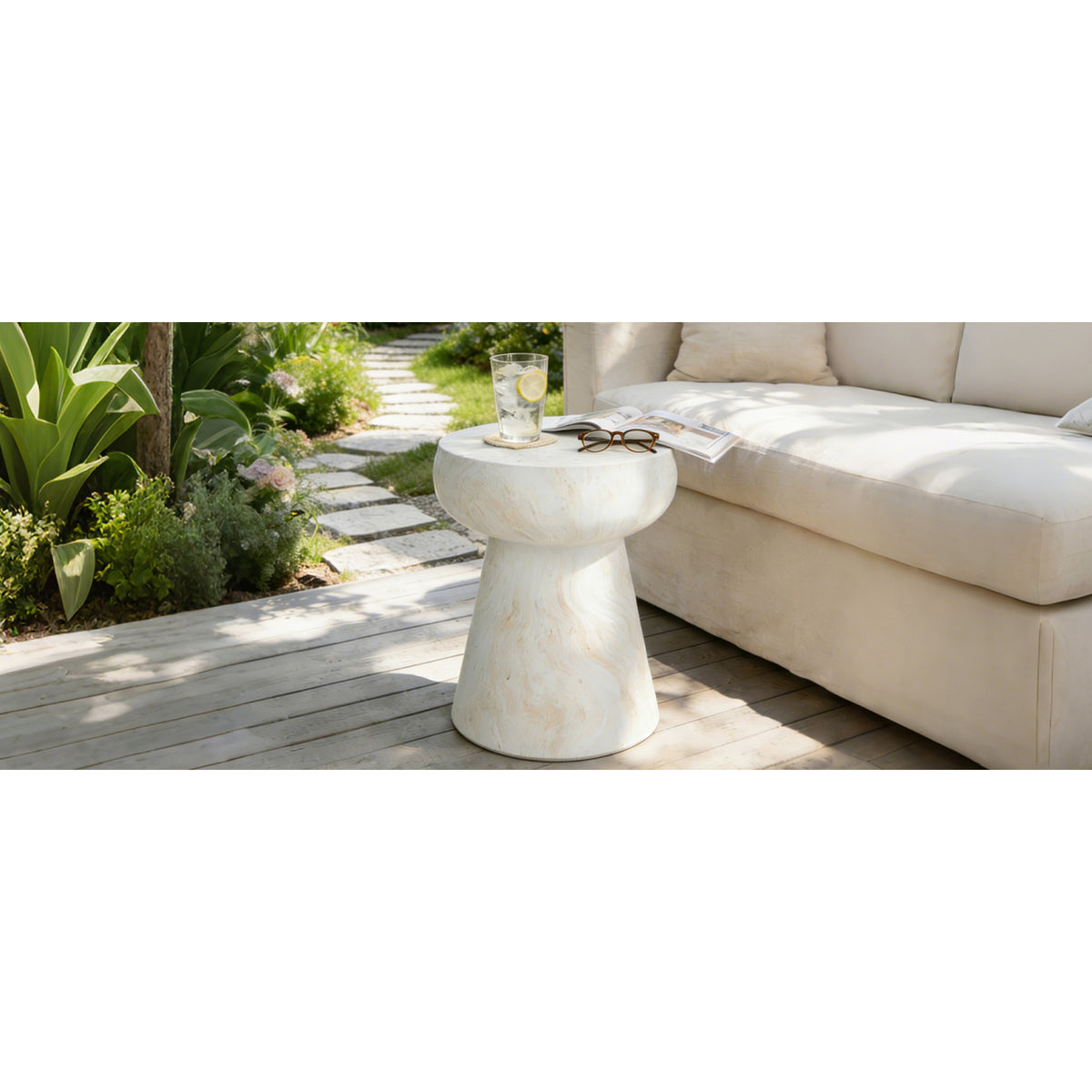 variant-group:rf-n711p422070m|Roomfitters Modern Yellow Mushroom Concrete Side Table, Geometric Pedestal End Table, MgO Travertine Texture Stool