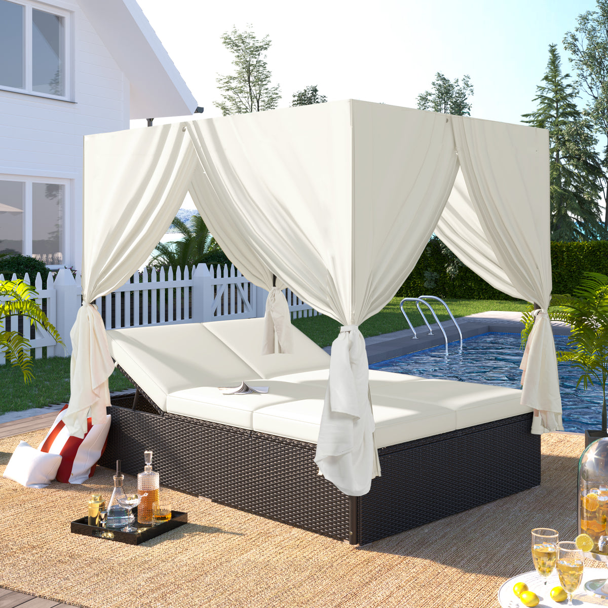 variant-group:rf-n711wy000476aak|Roomfitters Luxury Cabana Beige Outdoor Double Chaise Lounge Patio Daybed, Privacy Curtains, Adjustable Reclining