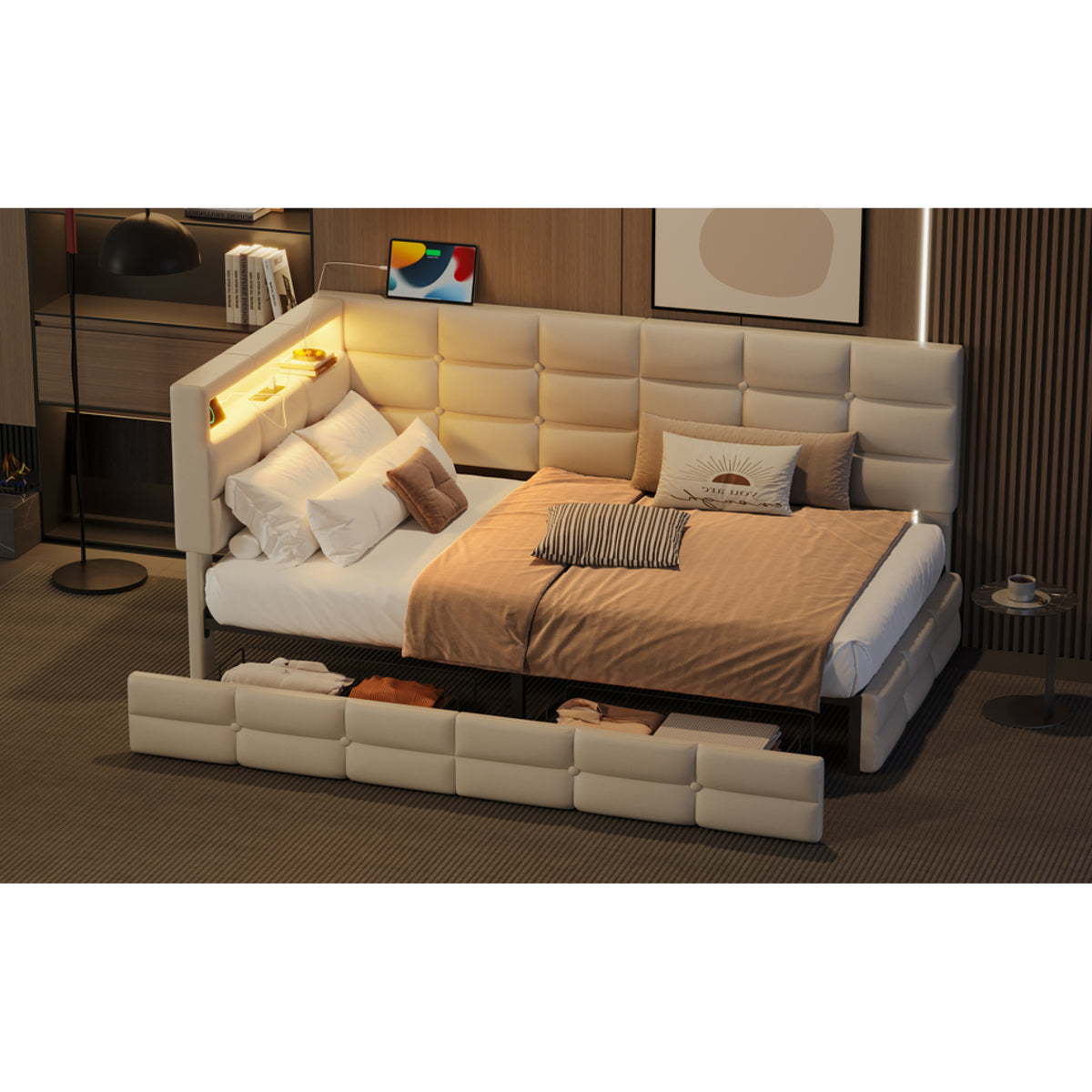 variant-group:rf-n733p285121a|Roomfitters Upholstered Twin Size Daybed with Storage Drawers and Charging Station, Bed Frame with Storage Headboard, No Box Spring Needed, Beige