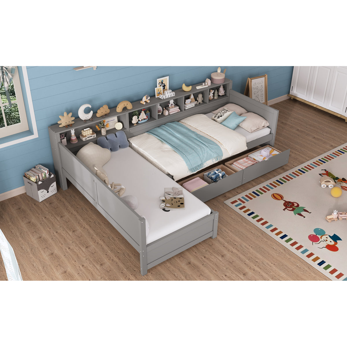 variant-group:rf-n733s369272e|Roomfitters Twin L-Shaped Daybed for 2 with 3 Storage Drawers, Wooden Corner Bed Frame with Bookshelf for Bedroom, Gray