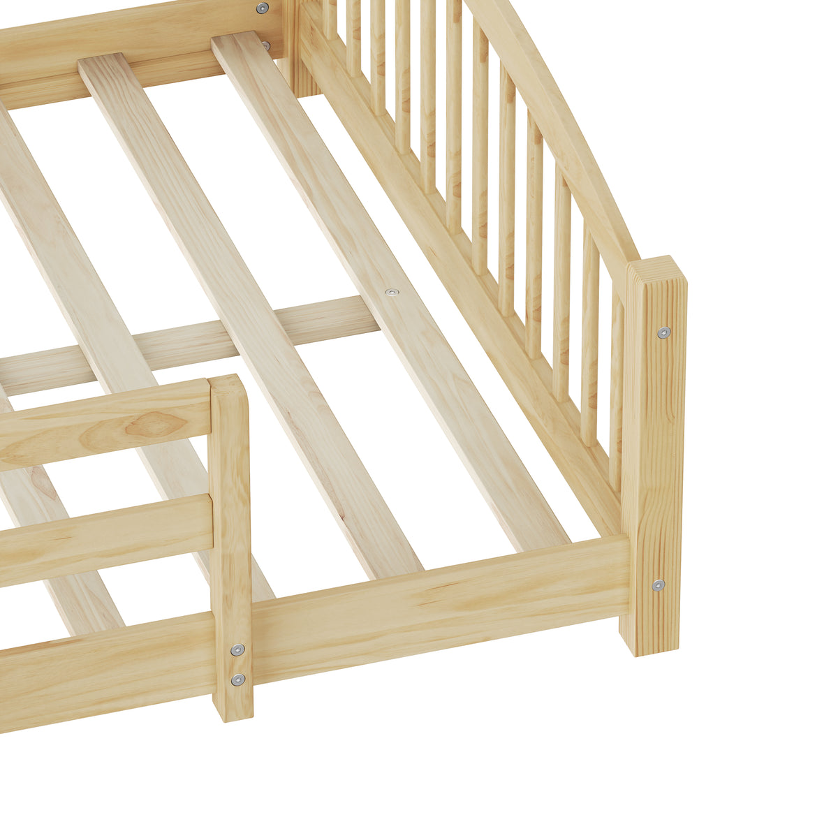 variant-group:rf-n733p400299n|Roomfitters Full Montessori Floor Bed with Guardrails, Solid Wood Low Platform Bed with Slats, Easy Assembly, Natural