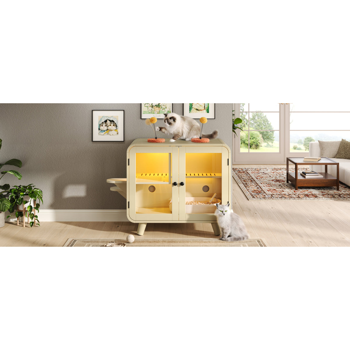 variant-group:rf-n704p419240a|Roomfitters Retro TV-Style Hidden Cat Litter Box Enclosure with App Controlled RGB LED Lights and Stairs Beige