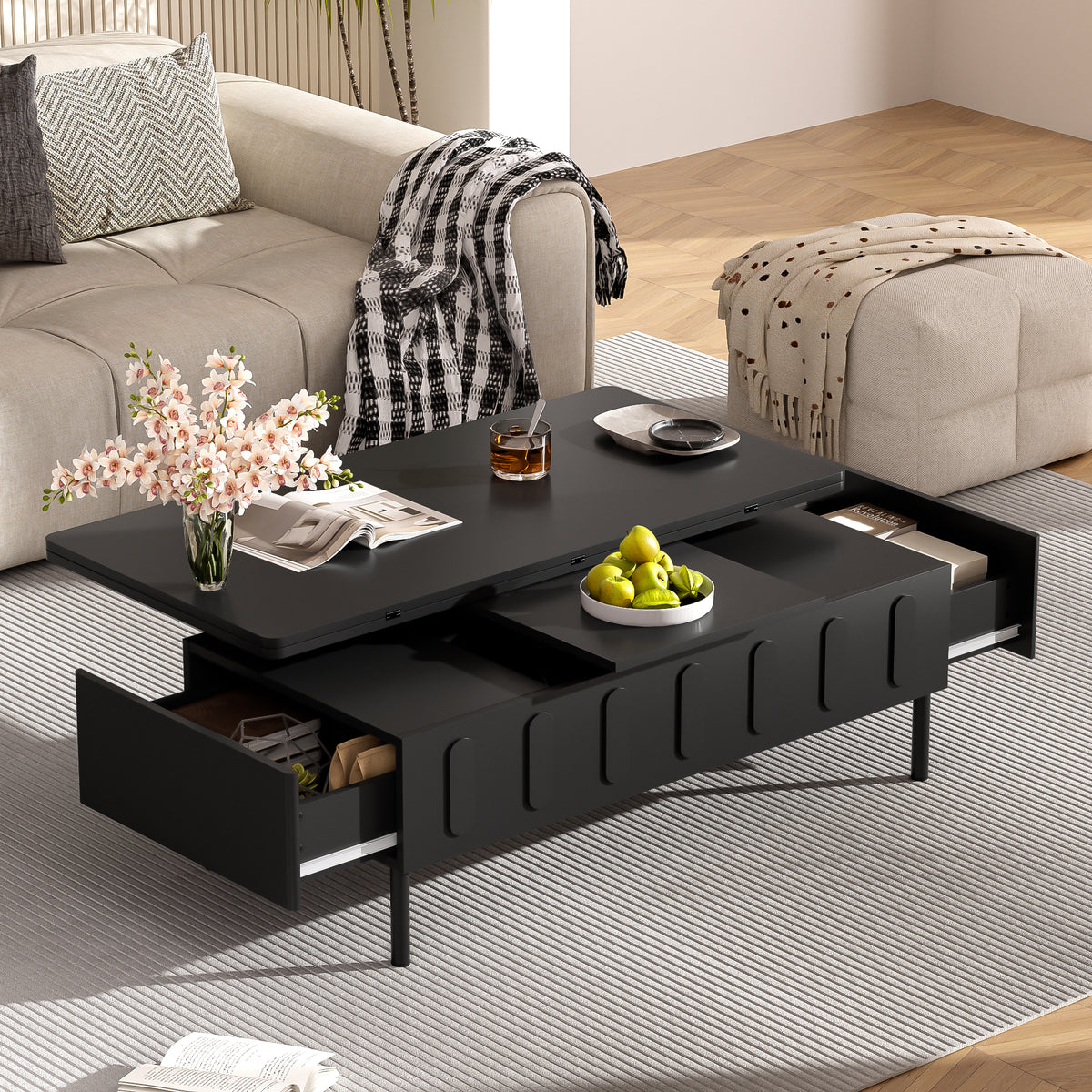 variant-group:rf-n724p292514b|Roomfitters Lift-Top Coffee Table with 2 Drawers and Foldable Top, Hidden Storage Compartment, Adjustable Center Table, Black