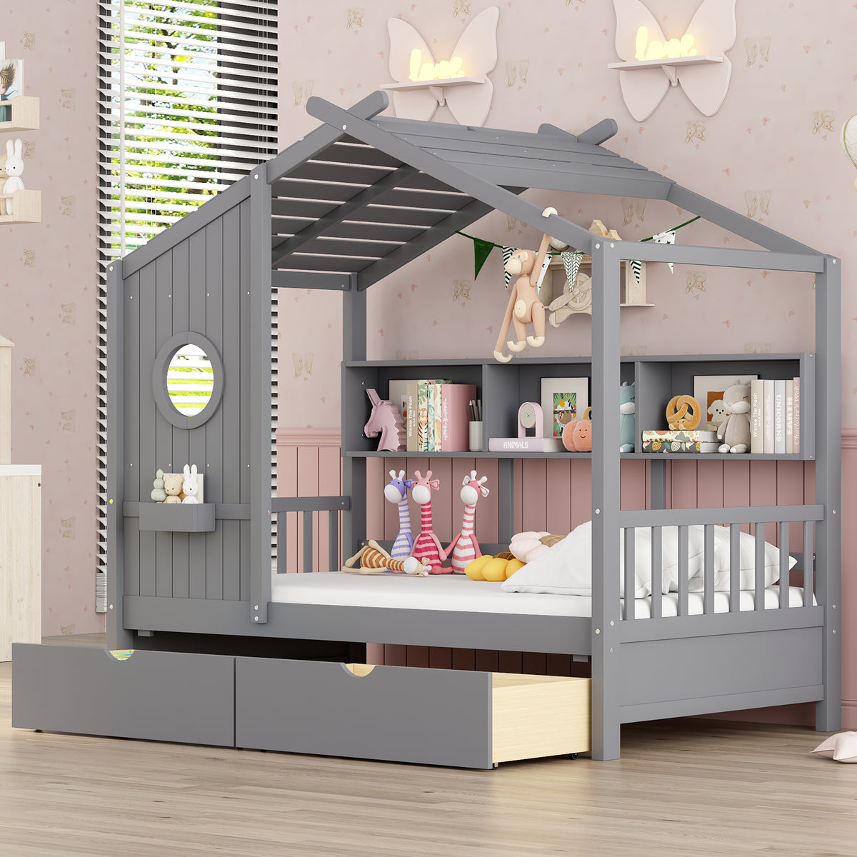 variant-group:rf-n733s308483e|Roomfitters Wooden Twin Size House Bed with 2 Drawers and Storage Shelf, Gray