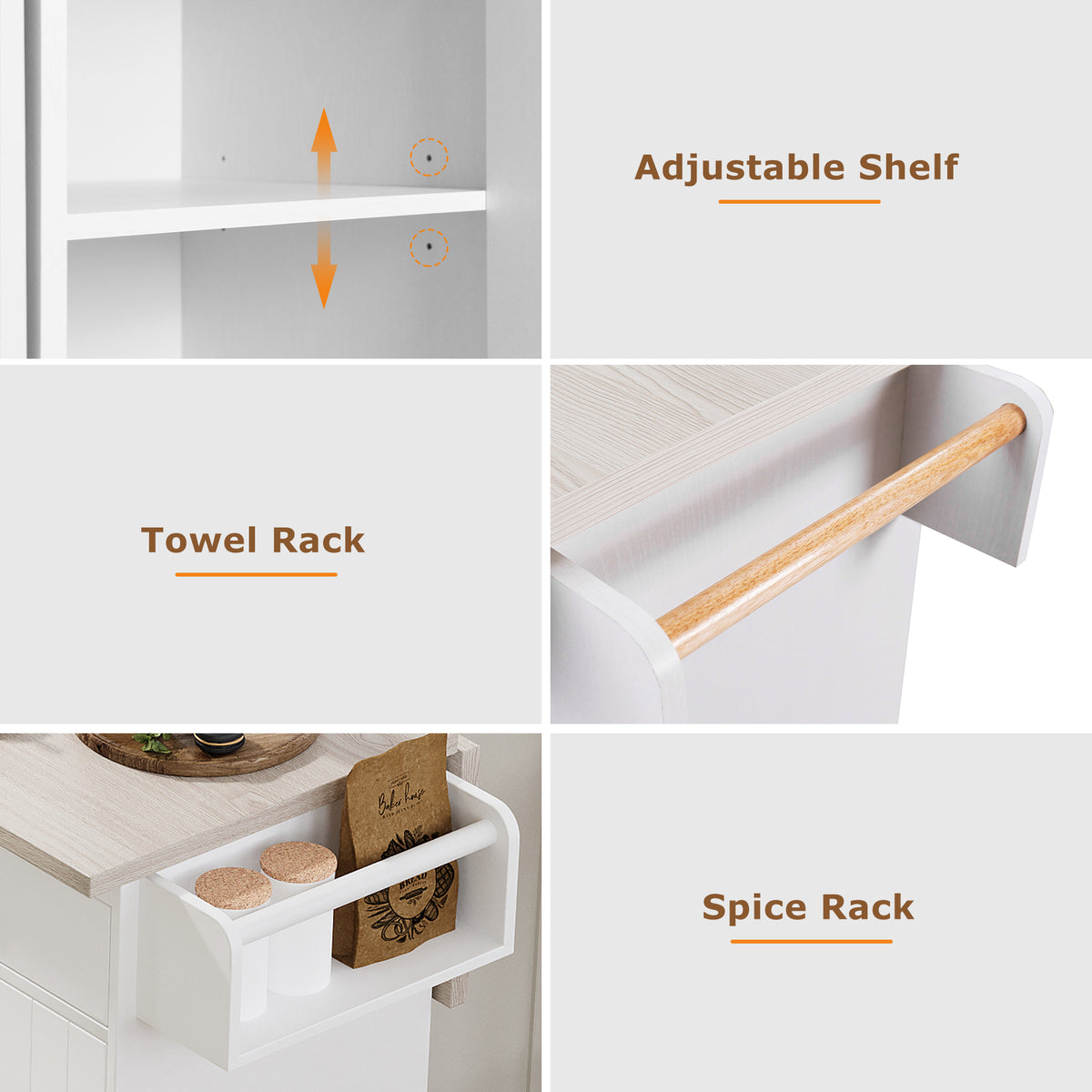 variant-group:rf-n707wf326381aaw|Roomfitters Kitchen Island with Trash Can Storage Cabinet, Grey - Drop Leaf, Spice Rack, Towel Rack, Drawer, Adjustable Shelf, Rolling Island on Wheels, Ameican White Oak