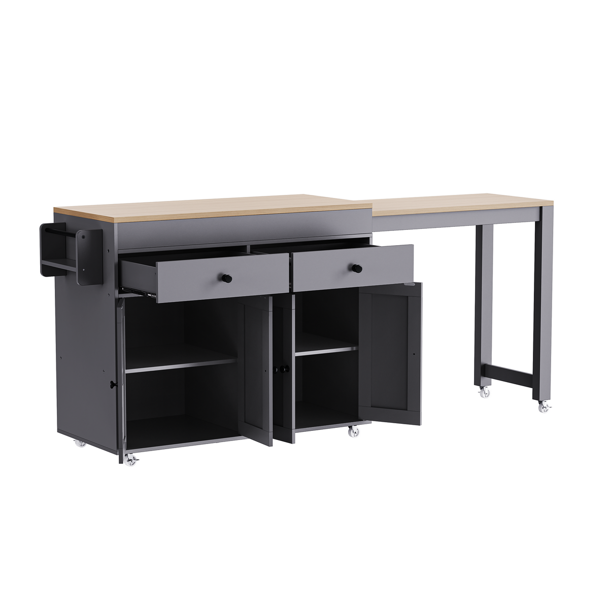 variant-group:rf-n707s000009g|Roomfitters 74.5" Kitchen Island with Extendable Table, Rolling Cart with Spice Rack, Storage Cabinet, Grey
