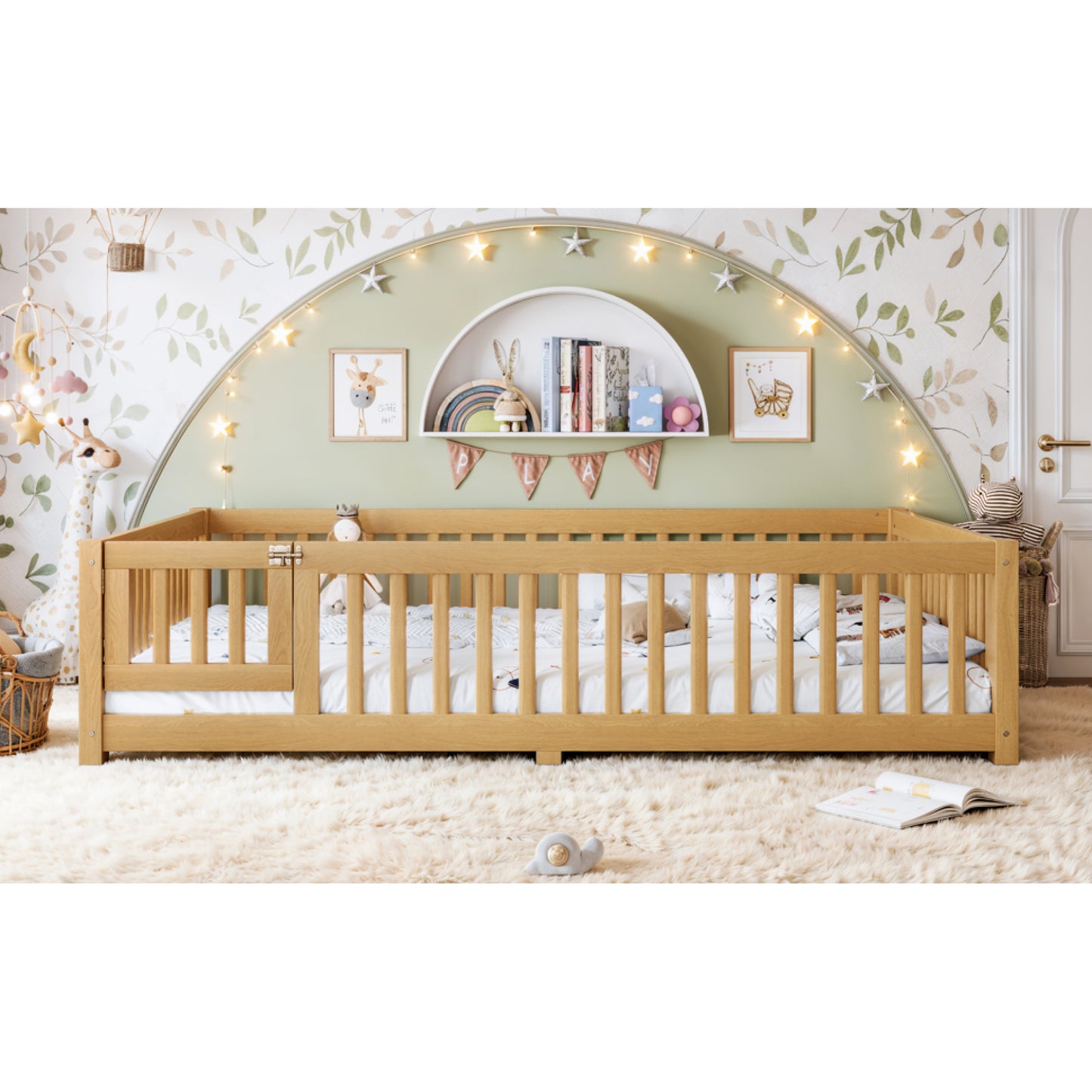 variant-group:rf-w1580p462325|Roomfitters Queen Size Wooden Floor Bed Frame with Safety Guardrails Door, Solid Wood Low Profile Toddler Play Bed, Natural