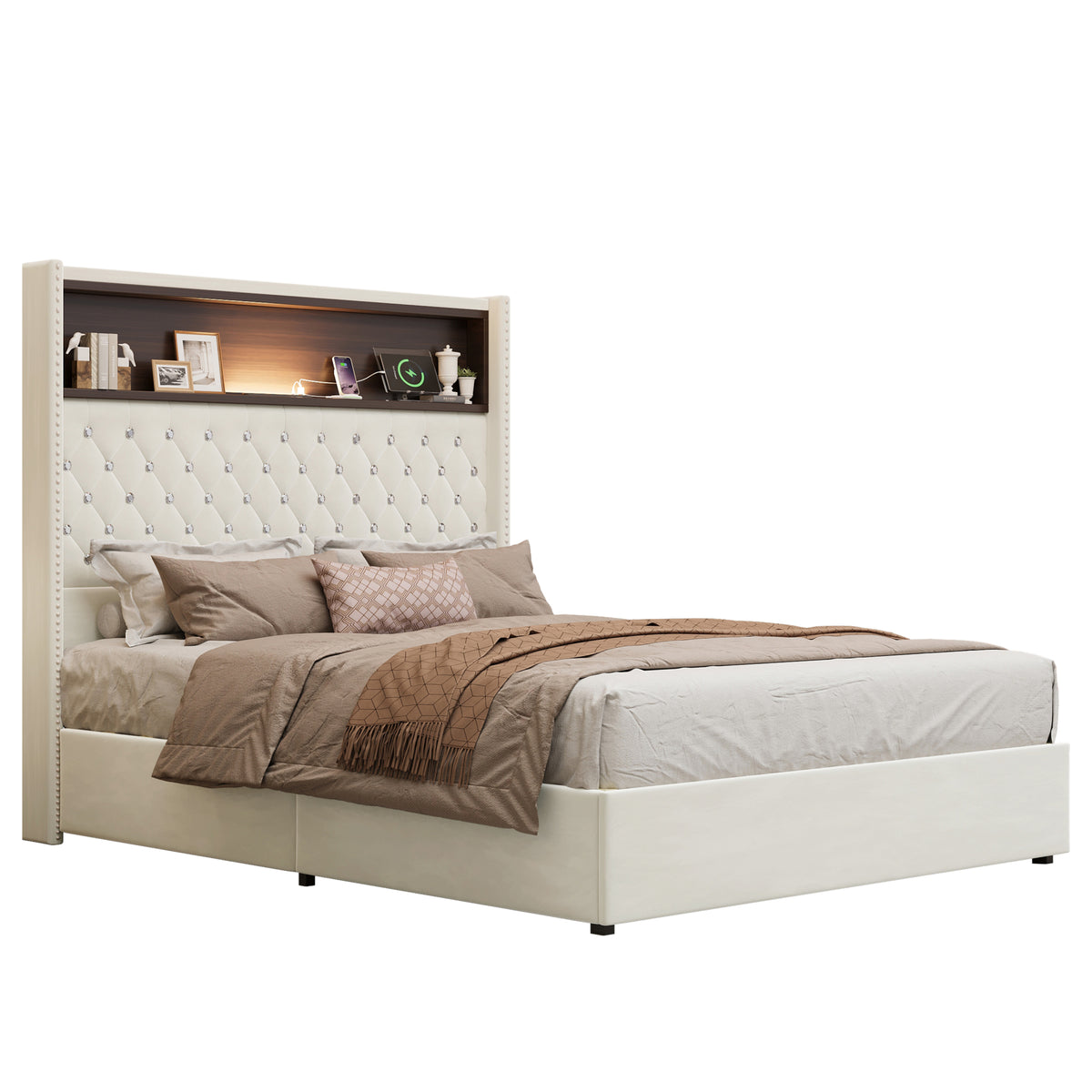variant-group:rf-n733p368653a|Roomfitters Full Velvet Tufted Platform Bed with Charging Ports, Tall Wingback Headboard with Rivet Trim and Shelf, Beige