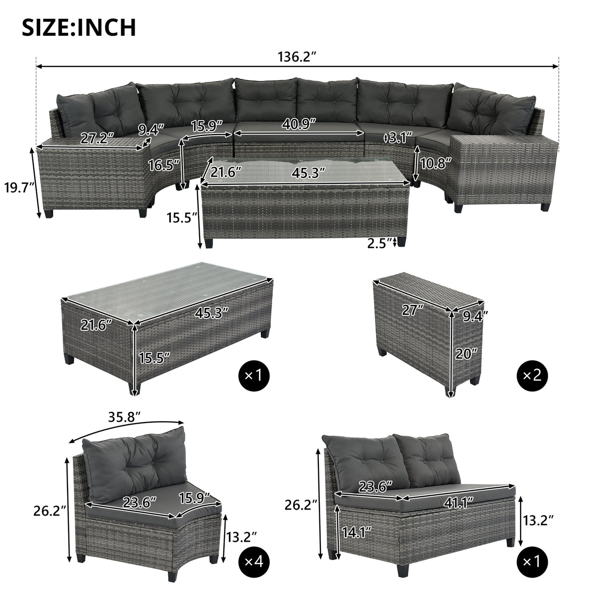 Roomfitters 8-Piece Half Moon Curved Outdoor Sectional Sofa Set, Grey PE Rattan Wicker Patio Furniture with Coffee Table, Gray Roomfitters