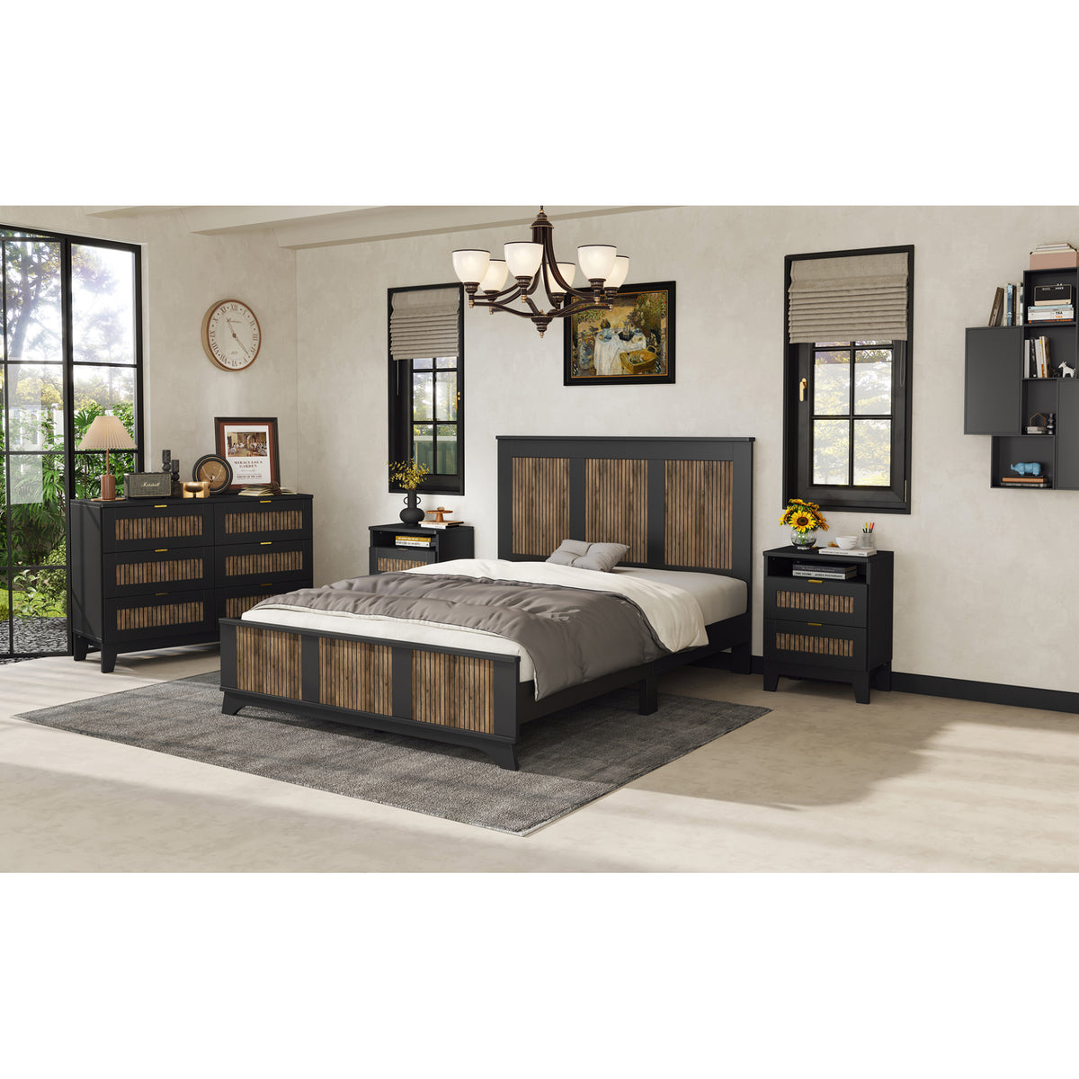 variant-group:rf-n733wf530906aab|Roomfitters Farmhouse Wooden Platform Queen Size Bed, Modern Platform Bed with Wooden Strip Stickers Decoration, Plywood Slats Support, Black