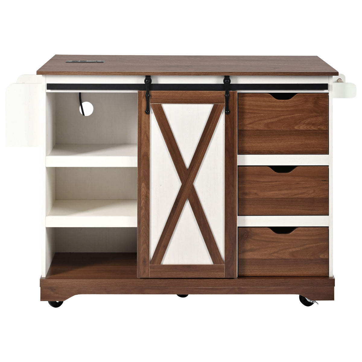 variant-group:rf-n707p288229w|Roomfitters 55.5" Rolling Kitchen Island with Drop Leaf, Mobile Kitchen Storage Cart with Sliding Barn Door, Power Outlets, White