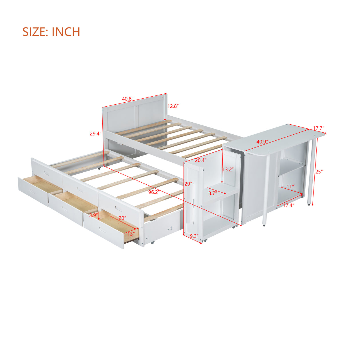 variant-group:rf-n733s212832k|Roomfitters Twin Size Multifunctional Wood Platform Bed with Desk and Storage Shelf, Built-in Trundle and Storage, White