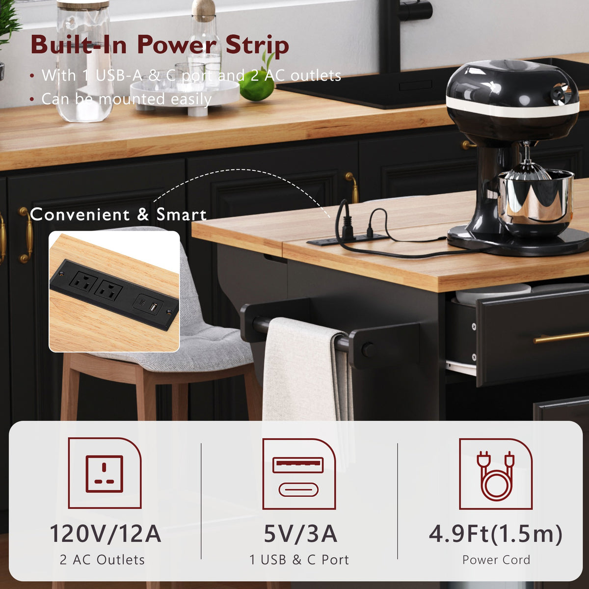 variant-group:rf-n707s299014b|Roomfitters 59.3" Kitchen Island with Power Outlet, Drop Leaf and Double Trash Can Pull Out, Rolling Cart, Black