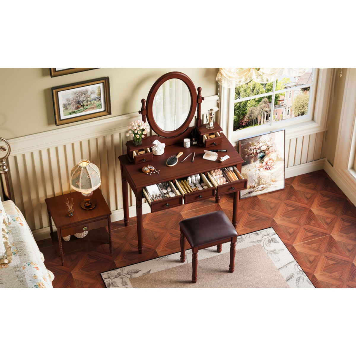 Roomfitters Vintage Vanity Desk with Adjustable Mirror, Makeup Table and Cushioned Stool Set, Wooden Dressing Table with 5 Drawers and Velvet Lining, Walnut