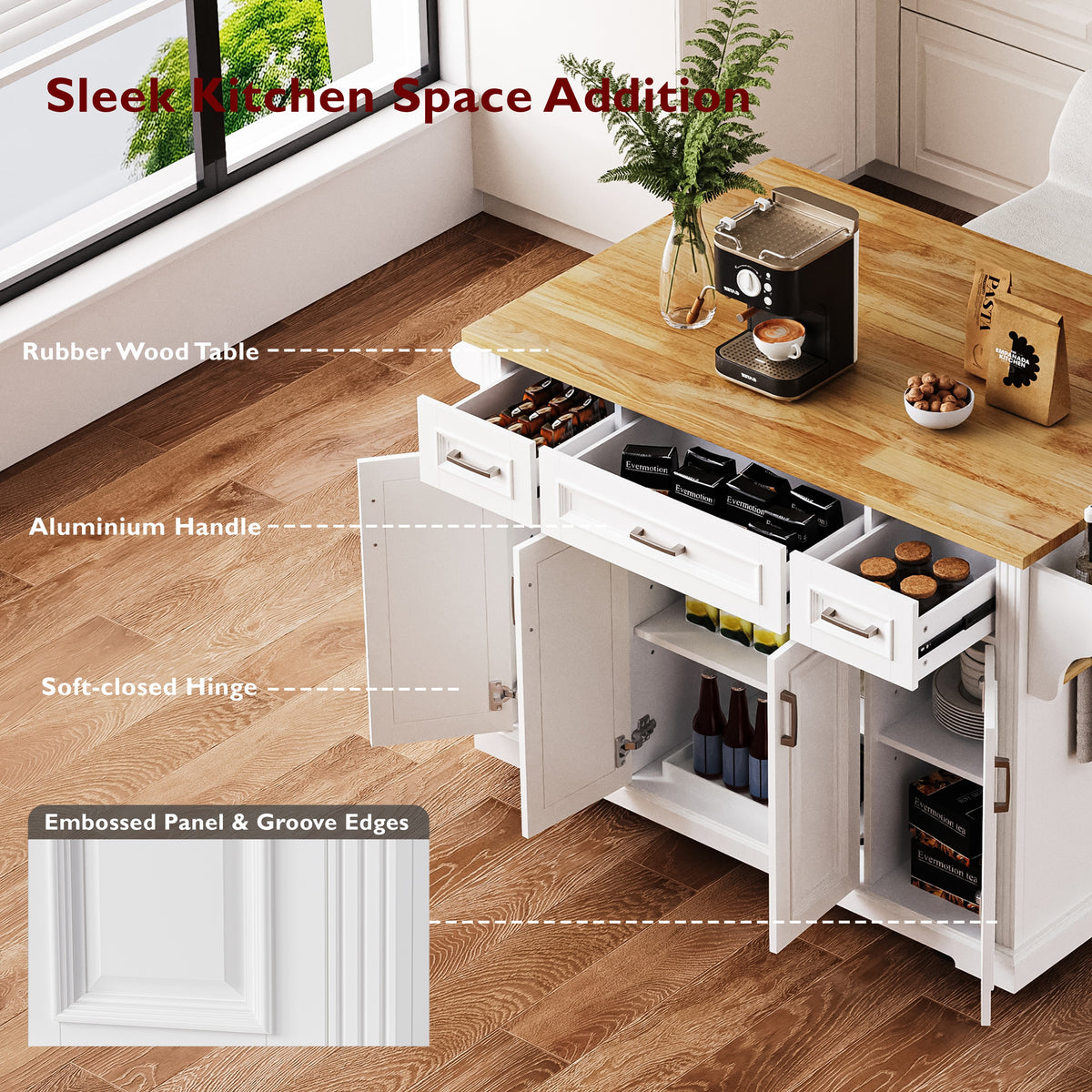 variant-group:rf-n707s195395w|Roomfitters 54" Kitchen Island with Wood Top, Rolling Storage Cabinet with 3 Drawers and 3 Doors, Spice Rack, White