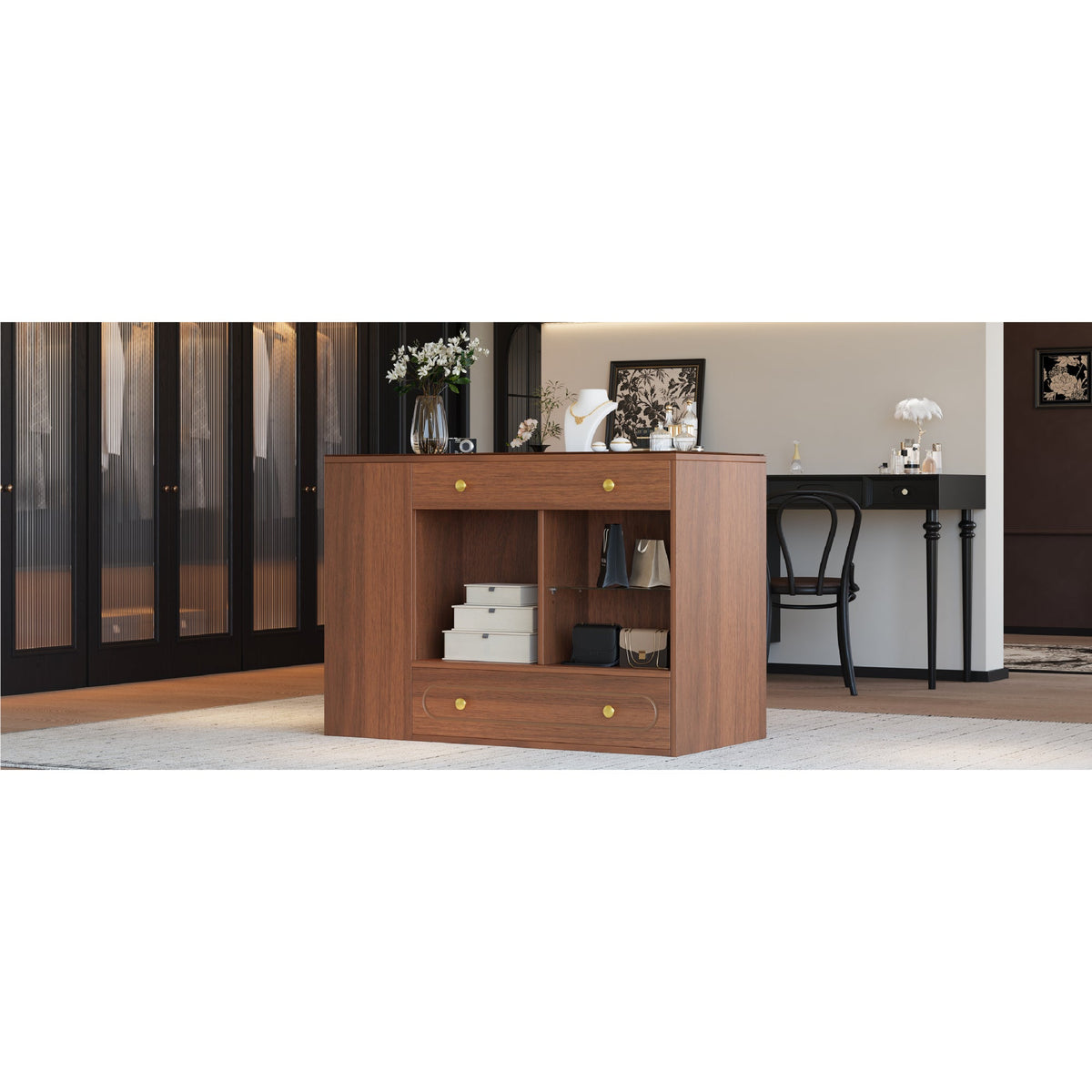 Roomfitters Closet Island with 6 Drawers, Glass Display Top and Open Shelves, Wardrobe Storage and Jewelry Vanity, Walnut