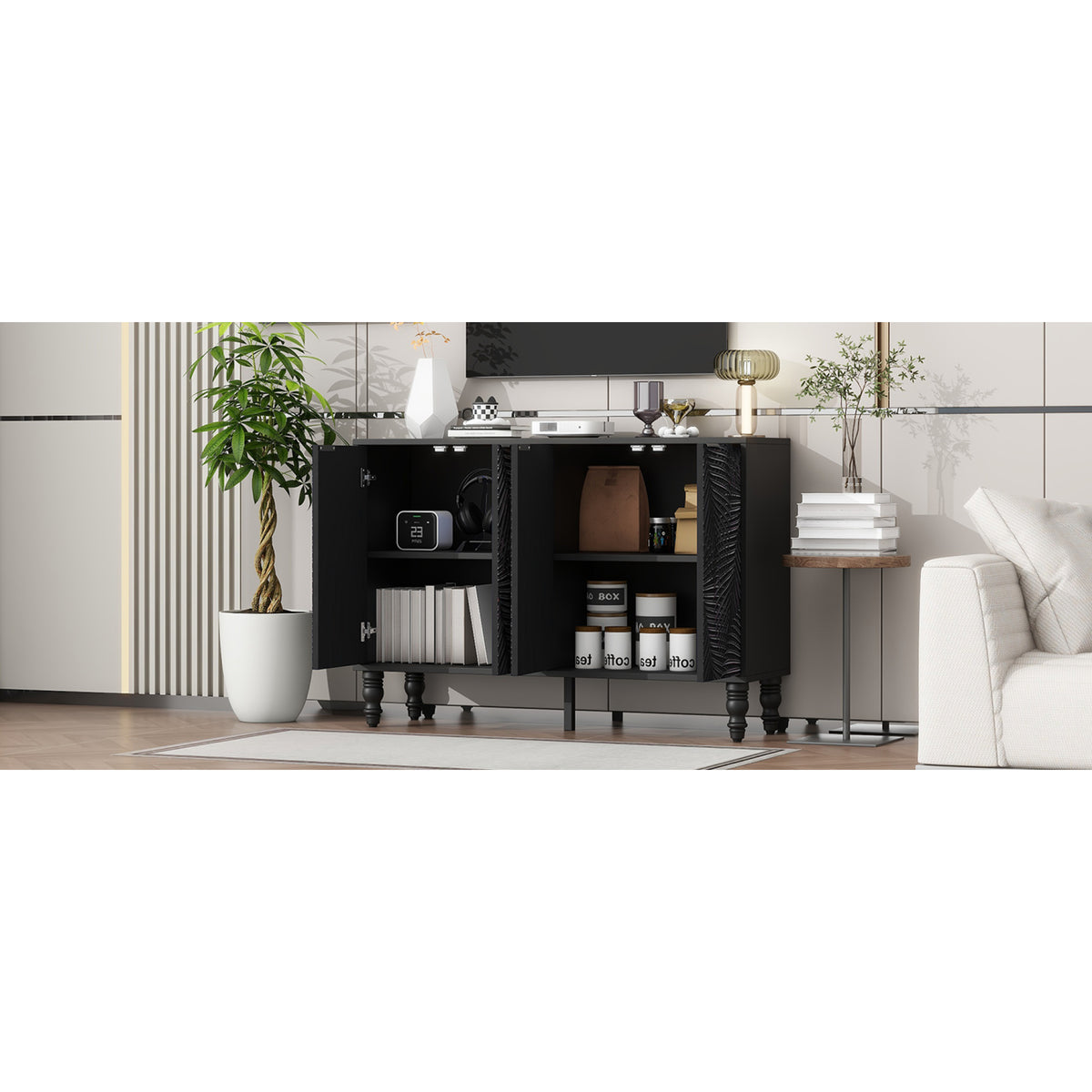variant-group:rf-n724p233372b|Roomfitters Modern TV Stand for up to 43 Inch TV, Entertainment Console with Storage Compartments and Wood Legs, Black