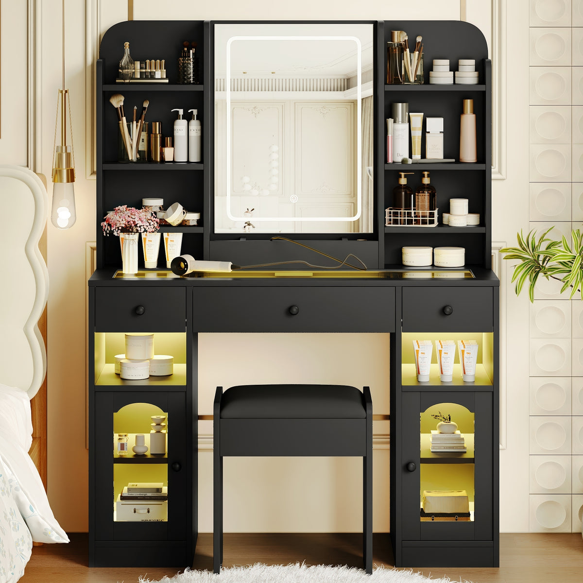 variant-group:rf-n704p407114b|Roomfitters 43.2" Makeup Vanity Desk with LED Lighted Mirror, Glass Door Cabinets, Charging Station and Stool, Black
