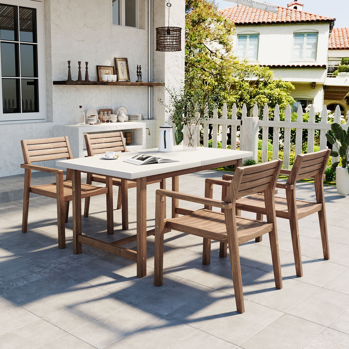 variant-group:rf-n711wy000477aad|Roomfitters Farmhouse 5-Piece Outdoor Dining Set for 4, 59-Inch Rectangular Table, Umbrella Hole, Light Grey Acacia