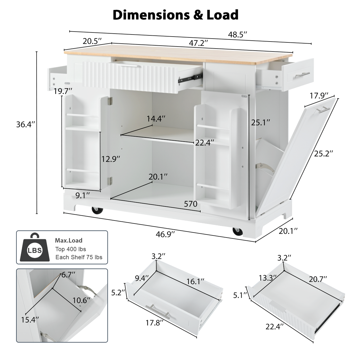 variant-group:rf-n707p221571w|Roomfitters Fluted Kitchen Island with Trash Can Cabinet, Power Outlet, Storage Rack, Rolling Cart with Open Side Racks, White
