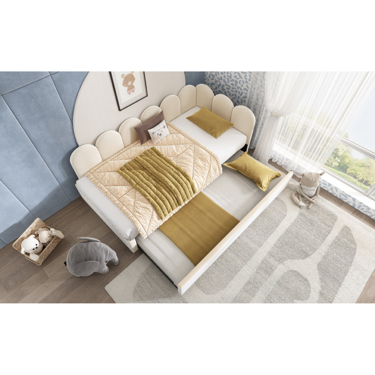 variant-group:rf-n736aa20362122b|Roomfitters Velvet Upholstered Twin Daybed with Pull Out Trundle, Sofa Bed with Metal Slat Frame, Beige
