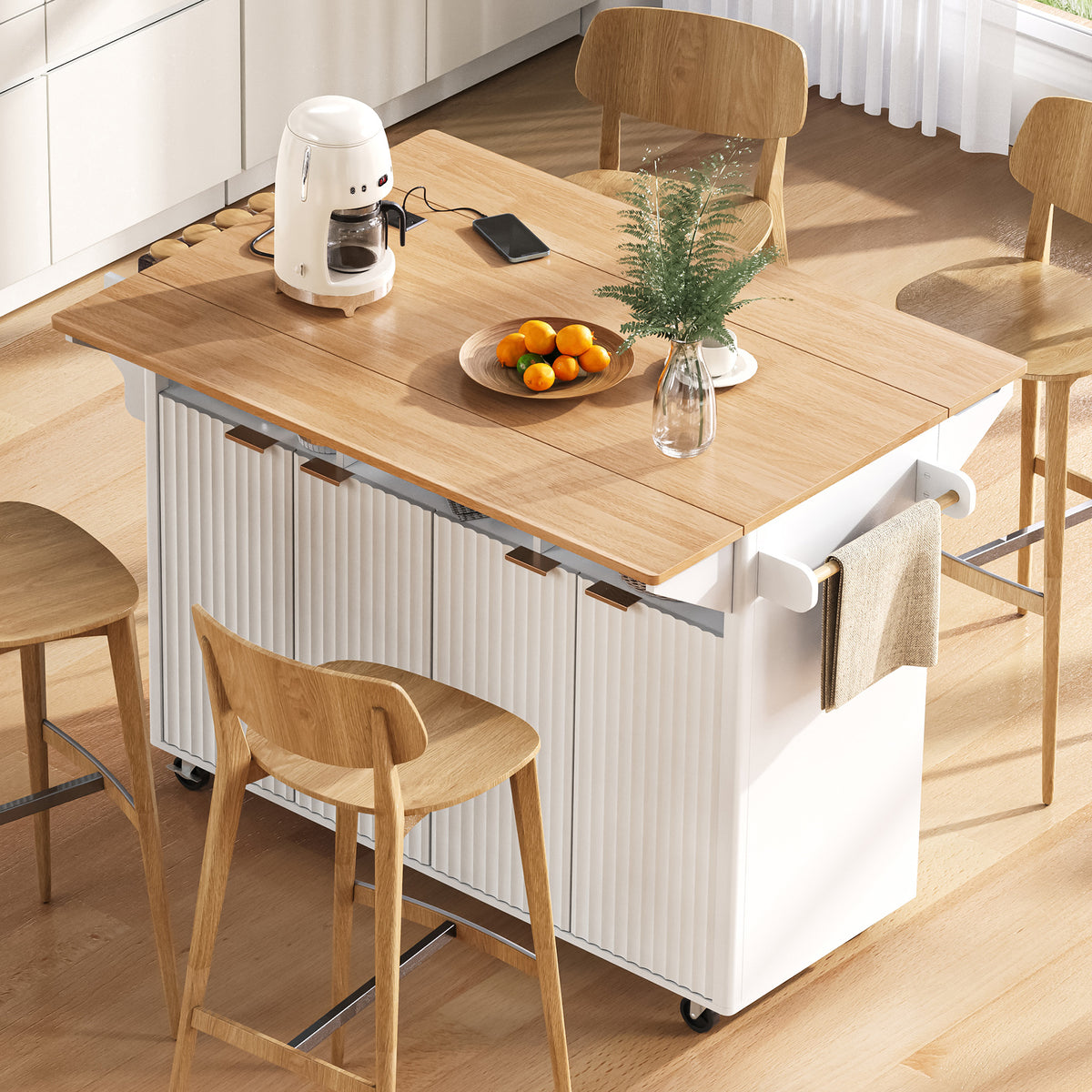 variant-group:rf-n707p353934w|Roomfitters 55.5" Fluted Kitchen Island with Double Drop Leaf, White Storage Cart with Power Outlet & Wood-grain Top