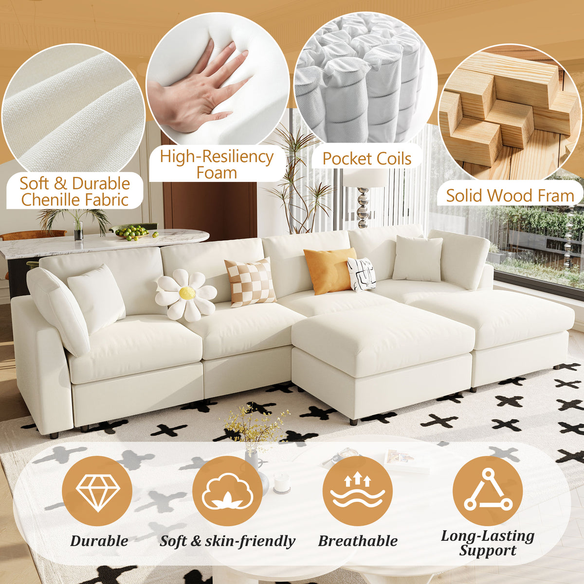 variant-group:rf-n711wy000474aaa|Roomfitters 128.2-Inch Customizable U-Shaped Sectional Sofa, 6-Seater Chenille Couch, 2 Movable Ottomans, Pit Lounge, Beige