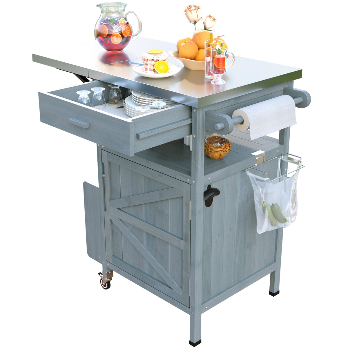 variant-group:rf-n707p228272g|Roomfitters 40.5" Outdoor Grill Cart with Stainless Steel Top, Wood Storage Cabinet, Drop Leaf, Rolling Cart, Blue Grey
