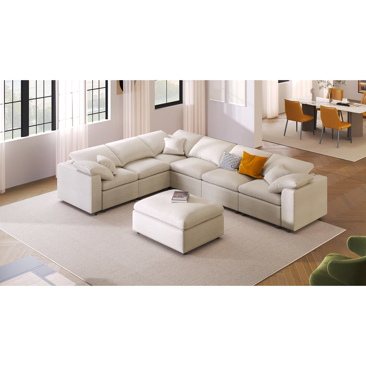 variant-group:rf-n711wy000453aaa|Roomfitters 7-Seater Modular Sectional Sofa with Ottoman, Extra Large L-Shape Chenille Upholstered Couch, Beige