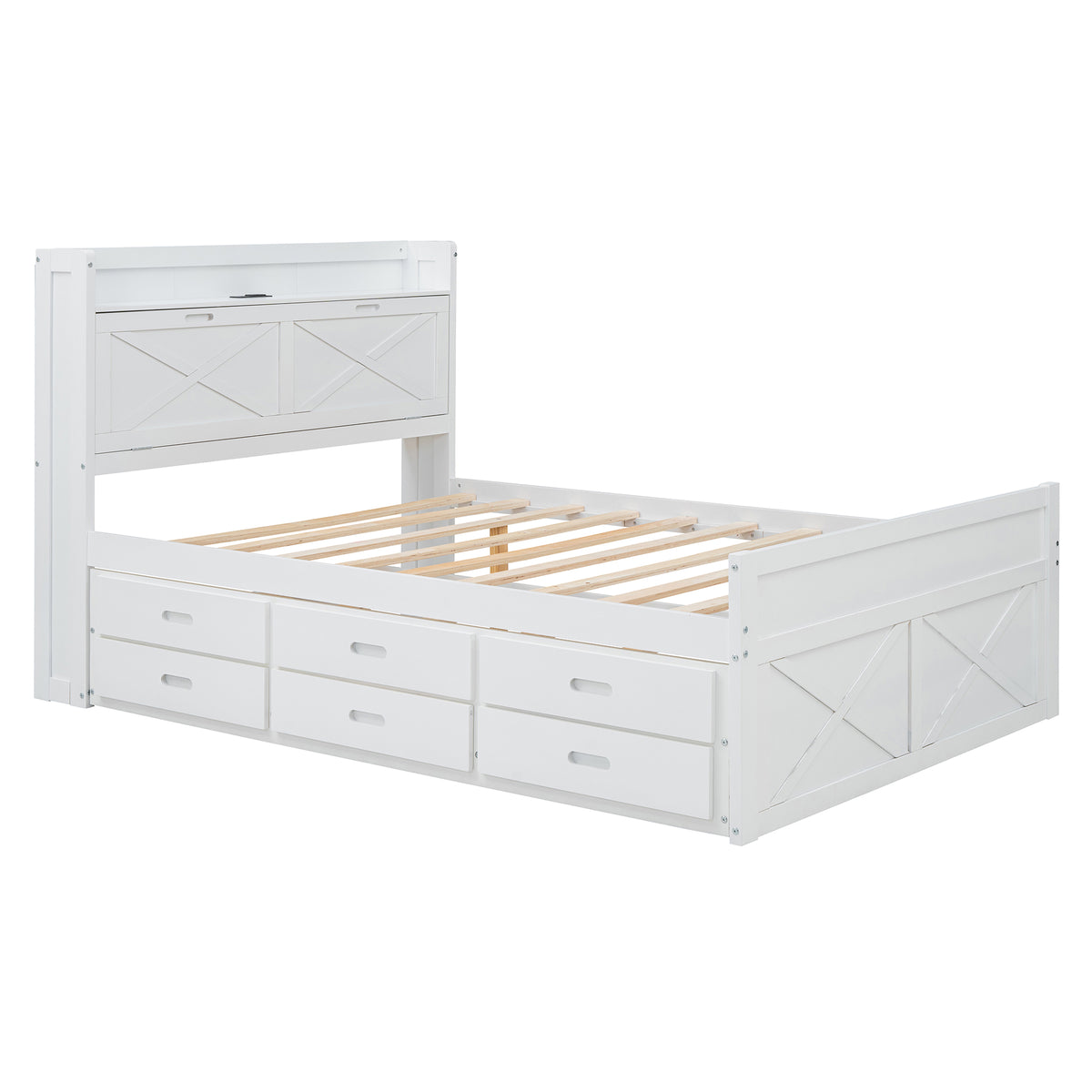 variant-group:rf-n733s172712k|Roomfitters Full Size Wooden Bed with Storage Headboard, Integrated Outlets, Extendable Frame with Twin Trundle and Additional Storage, White