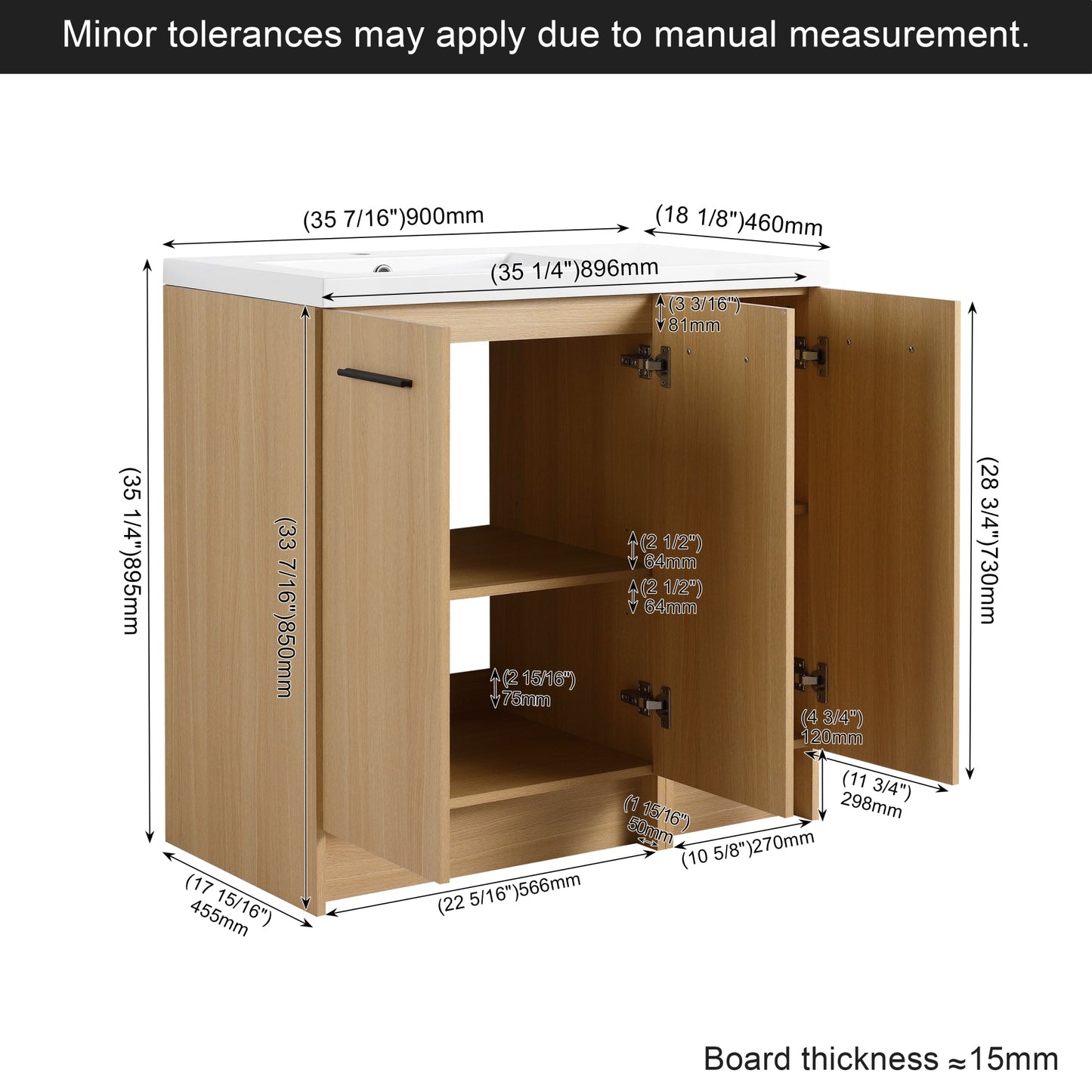 36" Modular Freestanding Bathroom Vanity with 36" Resin Sink Top, Light Oak, 2-Piece Cabinet (24" 2-Door + 12" 1-Door), KD Cabinet, Includes Black & Brushed Aluminum Handles Roomfitters