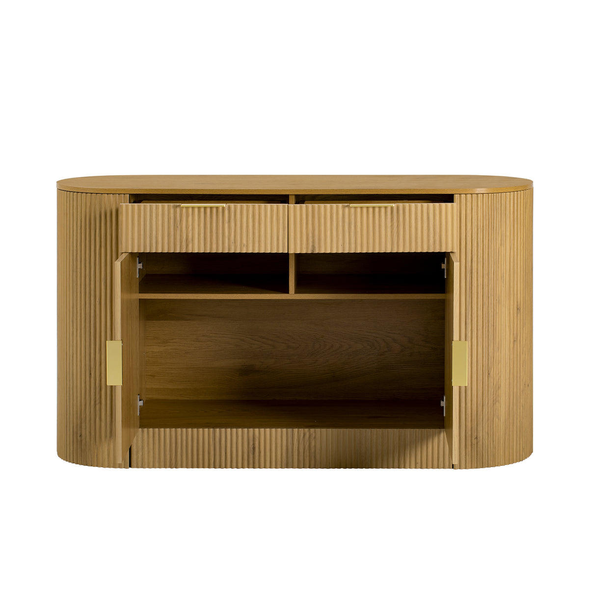 variant-group:rf-n711p345168o|Roomfitters 55.1" Oval Sideboard Buffet Cabinet with 2 Drawers & Wine Rack, Mid-century Modern Fluted Accent for Dining, Natural