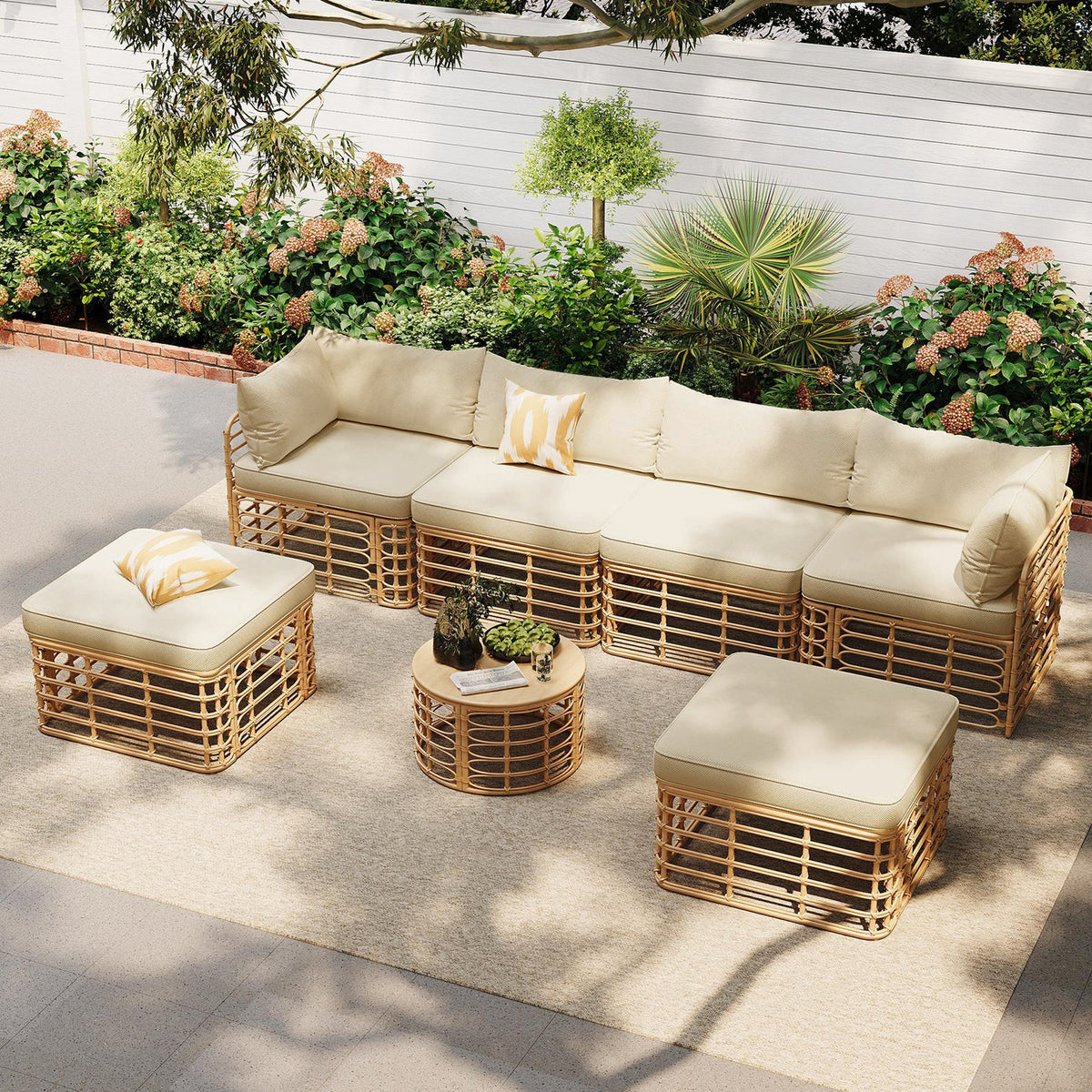 Roomfitters 7-Piece Contemporary Hollow-Woven Rattan Sectional Sofa Set with Round Coffee Table Brown Roomfitters