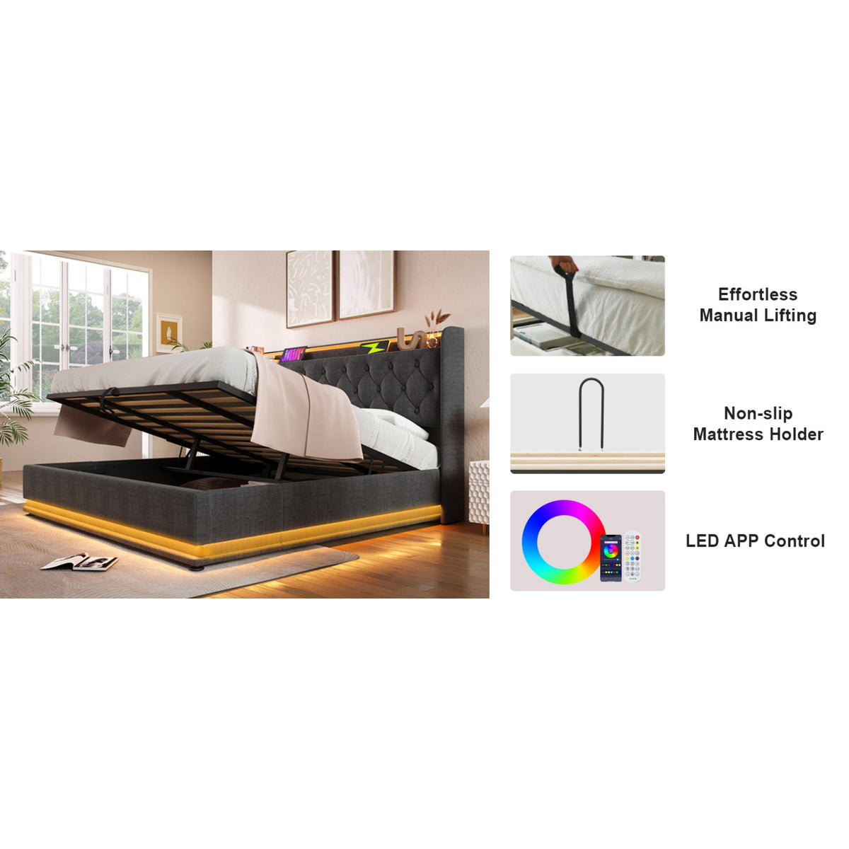 variant-group:rf-n736p188807g|Roomfitters Queen Size Upholstered Storage Bed with USB Type-C Charging and Remote Control, Linen Gray