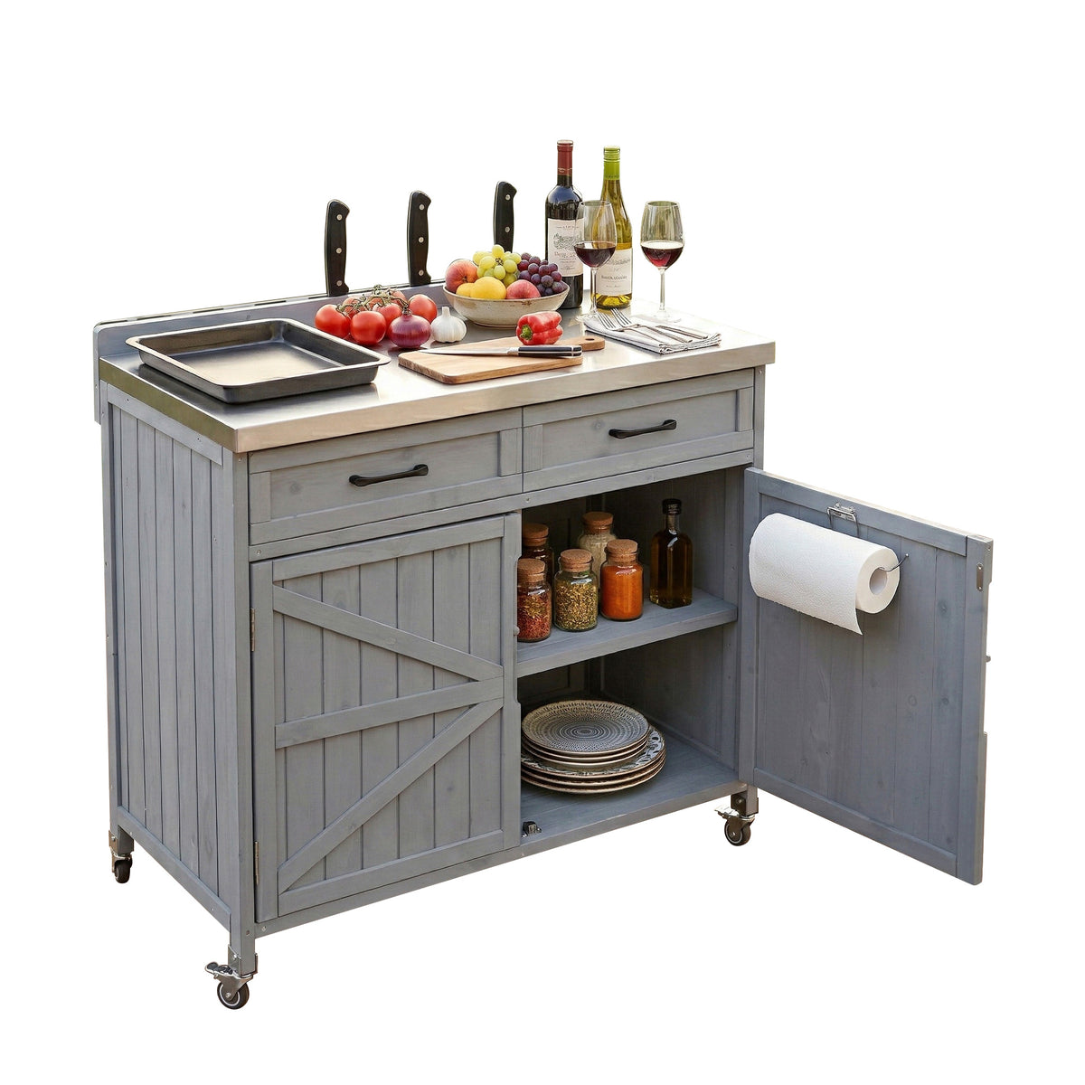 variant-group:rf-n707p370273g|Roomfitters 39.4" Grill Cart, Outdoor Kitchen Island with Stainless Steel Top, BBQ Prep Station with Storage Cabinet, Grey+Blue
