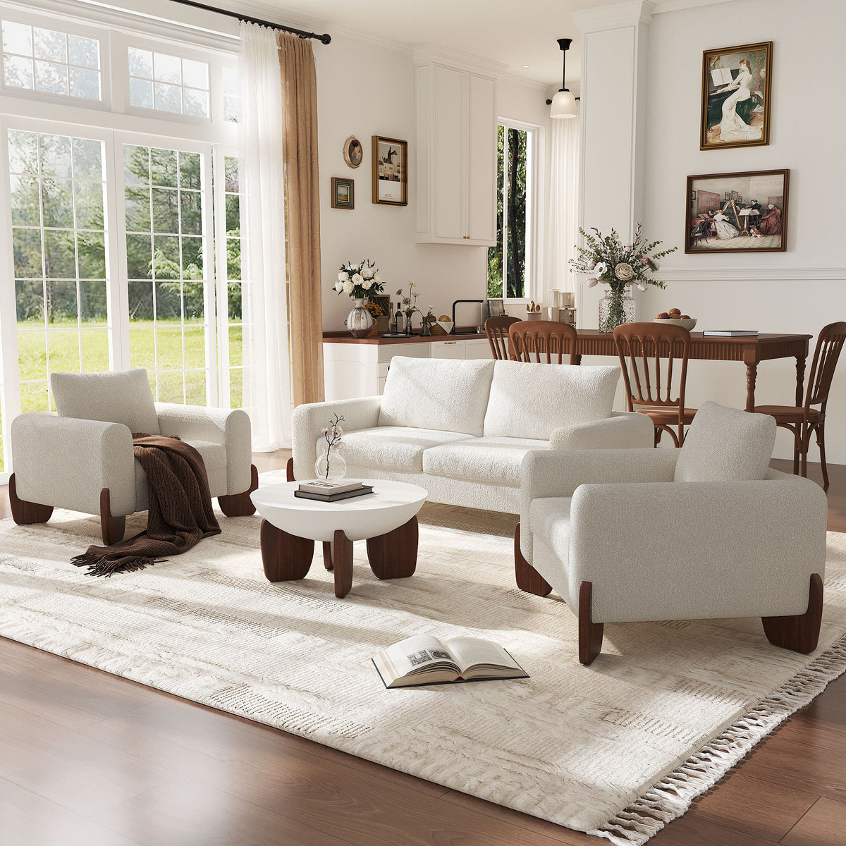 variant-group:rf-n711wy000479aaa|Roomfitters Modern 3-Piece Living Room Sofa Set, Bouclé Fabric Loveseat and 2 Armchairs Pack, Beige Pinewood Lounge