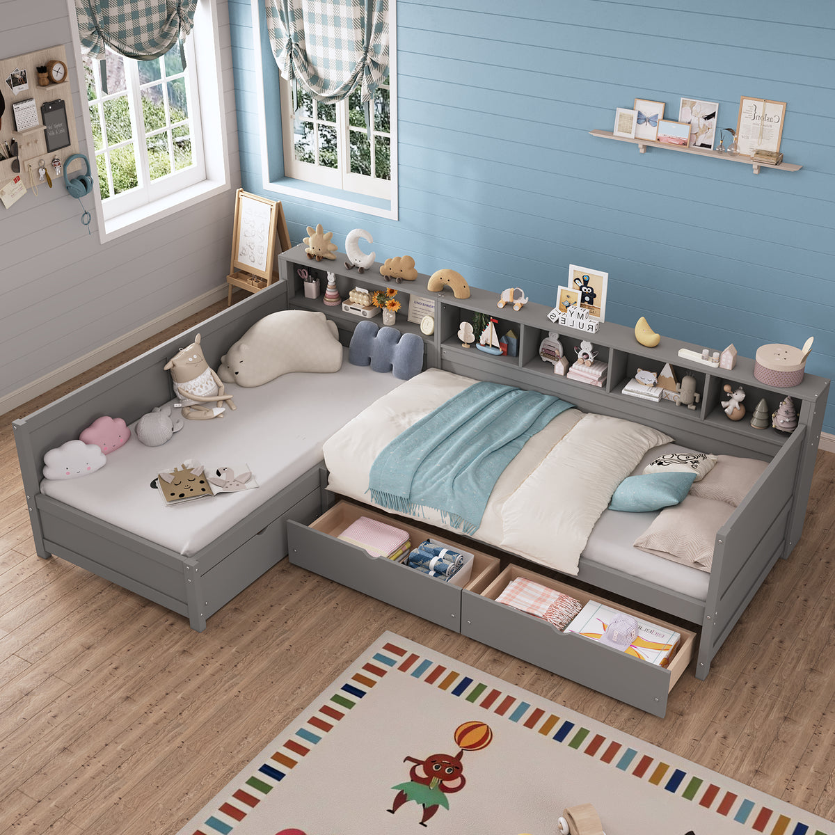 variant-group:rf-n733s369272e|Roomfitters Twin L-Shaped Daybed for 2 with 3 Storage Drawers, Wooden Corner Bed Frame with Bookshelf for Bedroom, Gray