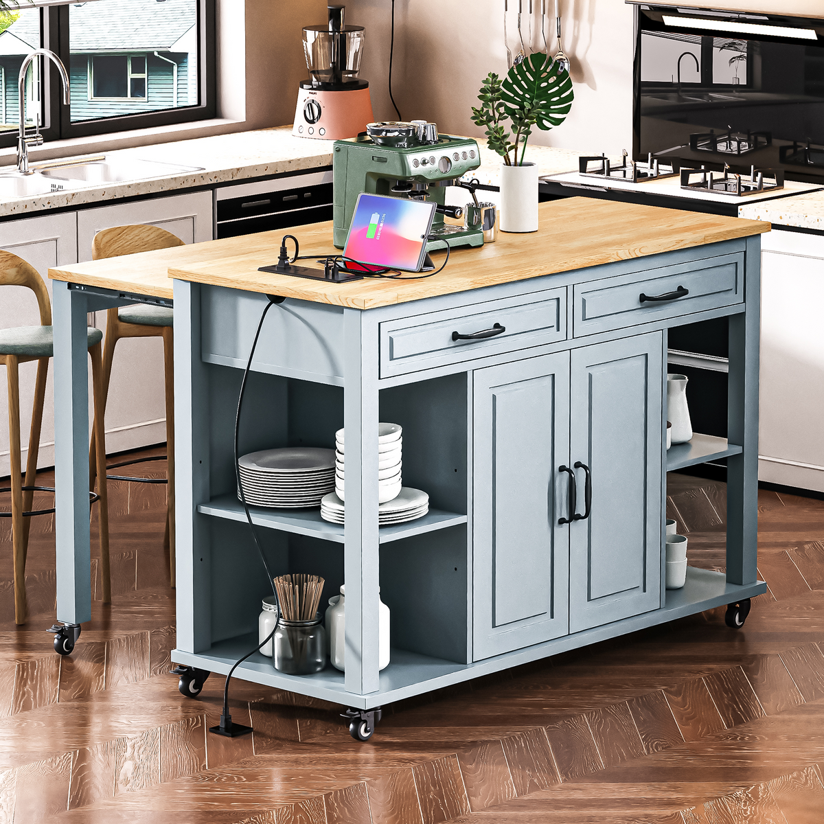 variant-group:rf-n707p215327g|Roomfitters 47" Kitchen Island with Extendable Dining Table, Storage Cabinet, Power Outlet, Rubber Wood Veneer, Grey Blue