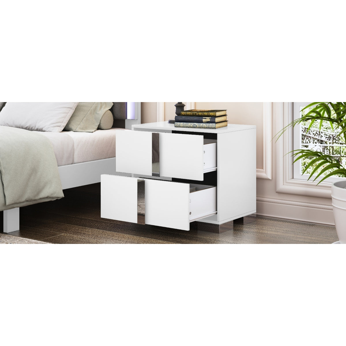 variant-group:rf-n733p307938w|Roomfitters Elegant Mirrored Nightstand with 2 Drawers and Metal Handle, Bedside Table for Bedroom or Living Room, White