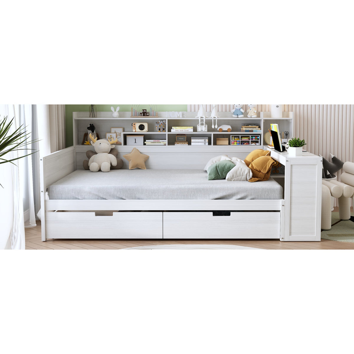 Roomfitters Full Daybed with Storage Shelves, Multi-Functional Bed with Drawers and Study Desk, Antique White