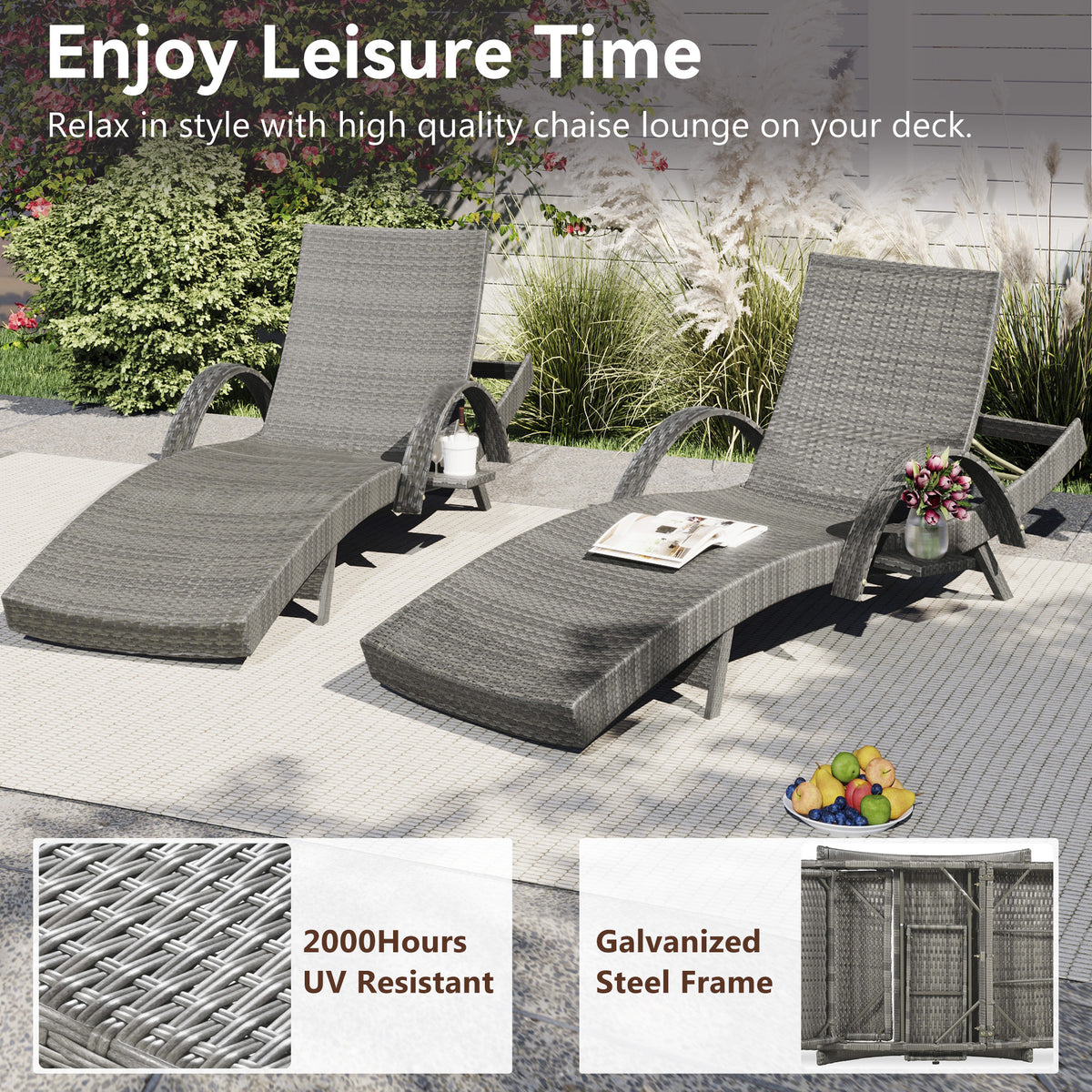 variant-group:rf-n707wf321204aae|Roomfitters 80" Outdoor Wicker Chaise Lounge Chairs, Set of 2, Reclining Patio Chairs with Pull-Out Table, Grey