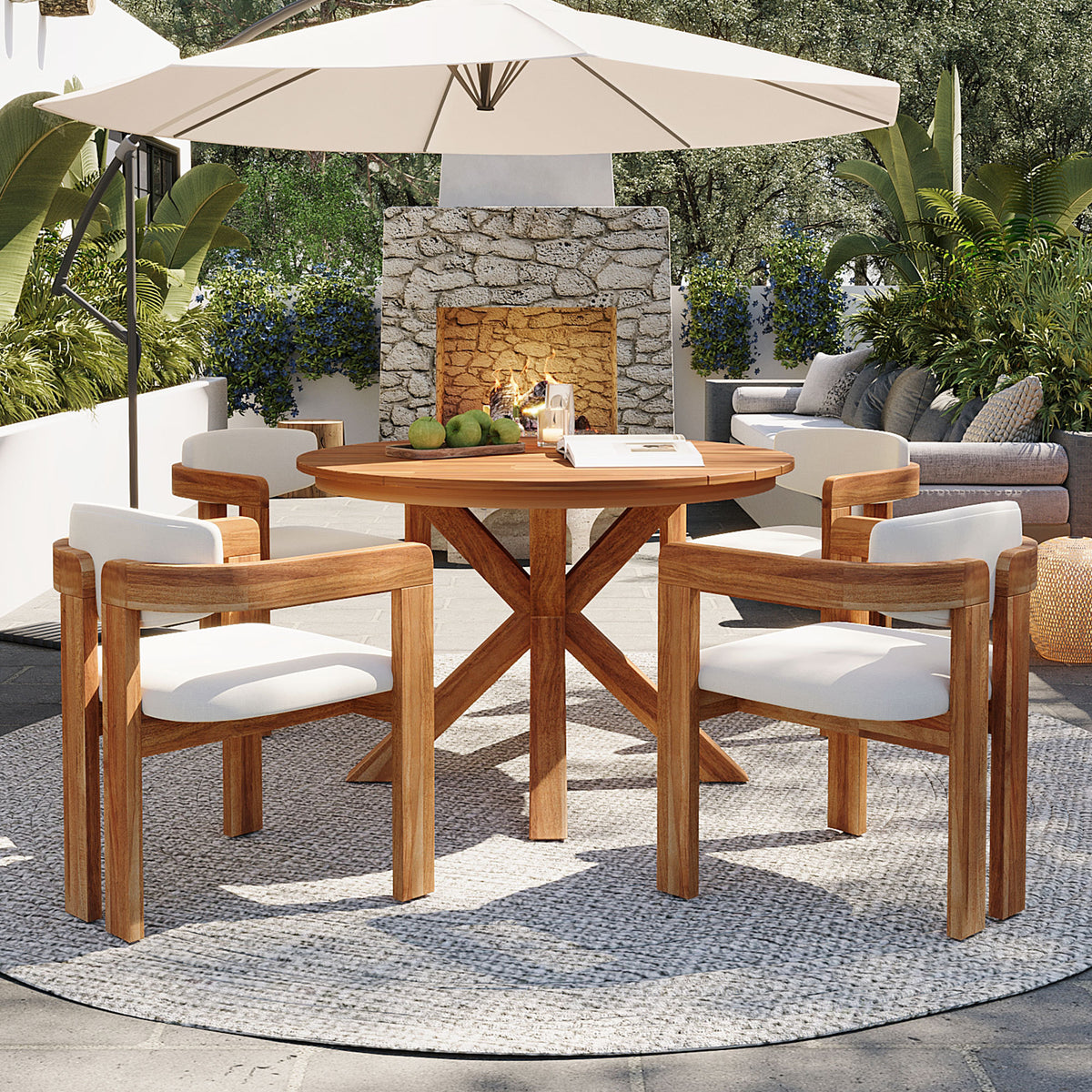variant-group:rf-n704g201258a|Roomfitters 5-Piece Outdoor Acacia Wood Round Dining Set with Ergonomic Barrel Armchairs Beige Cushions