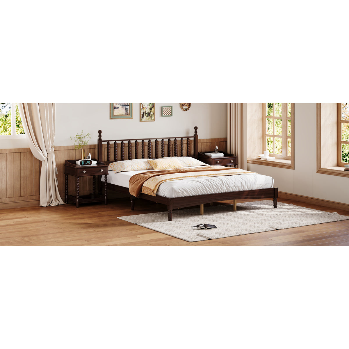 variant-group:rf-n733p338316d|Roomfitters King Wood Platform Bed, Retro Gourd Spindle Headboard with Solid Slat Support, Walnut