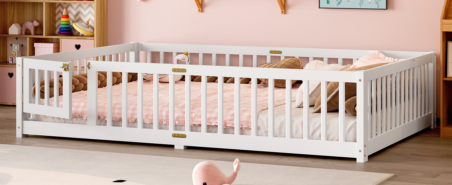variant-group:rf-w1580p338953|Roomfitters Wooden Queen Floor Bed Frame with Door & Safety Guardrails, Low Platform Design for Bedroom or Playroom, White